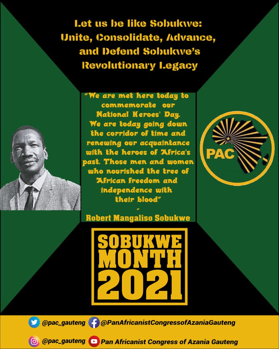Sobukwe's blood also nourished the freedoms we are enjoying today like the countless unnamed and systematically forgotten heroes who died in the fight for what has now degenerated into this nyaope democracy.
#SobukweMonth
#letusbelikesobukwe
#SobukweDay
#SobukweLives