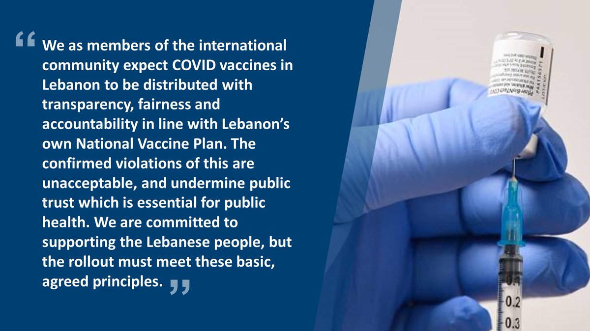 #Canada stands with like-minded #donorcommunity in requiring #transparency & #accountability from #GovernmentOfLebanon in #COVID19 vaccine roll-out. ⁦@CanadaLebanon⁩ 🇨🇦  🇱🇧