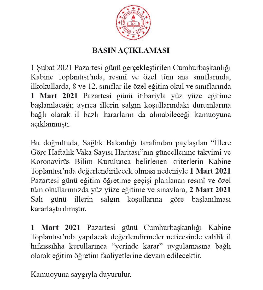 solcugazete's tweet photo. #SONDAKİKA

Milli Eğitim Bakanlığı: Pazartesi günü yapılacak olan Kabine Toplantısı’ndan çıkacak kararlara göre eğitim-öğretim faaliyetlerine devam edilecektir

#neyapacağız https://t.co/sLOx8gGbTm