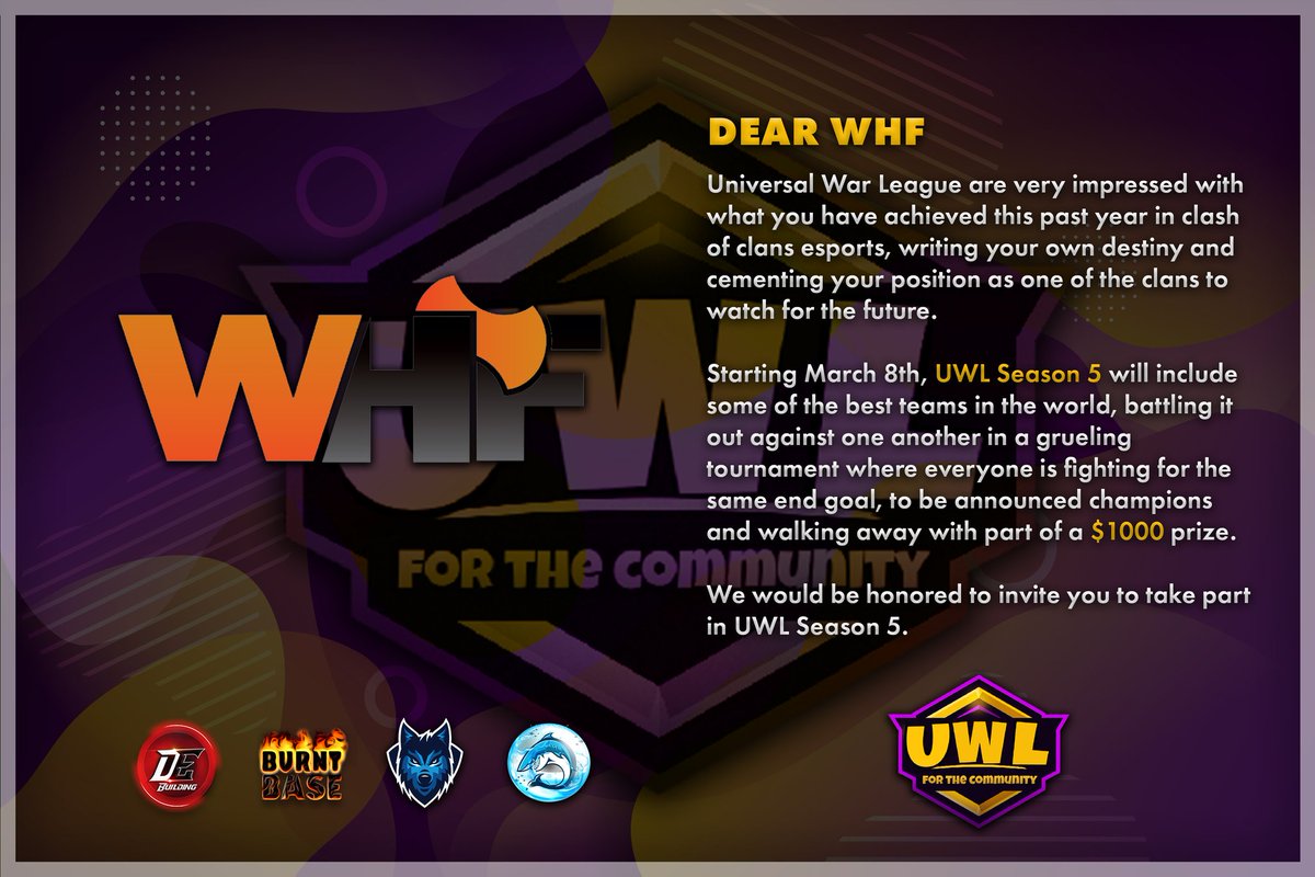 🏆It's an honour for us to have <a href="/WHFclan/">WHF</a>  with us in Season 5.Thanks for Accepting. 🏆

Looking forward for some Insane performance from you guys this season. See you on March 8th.