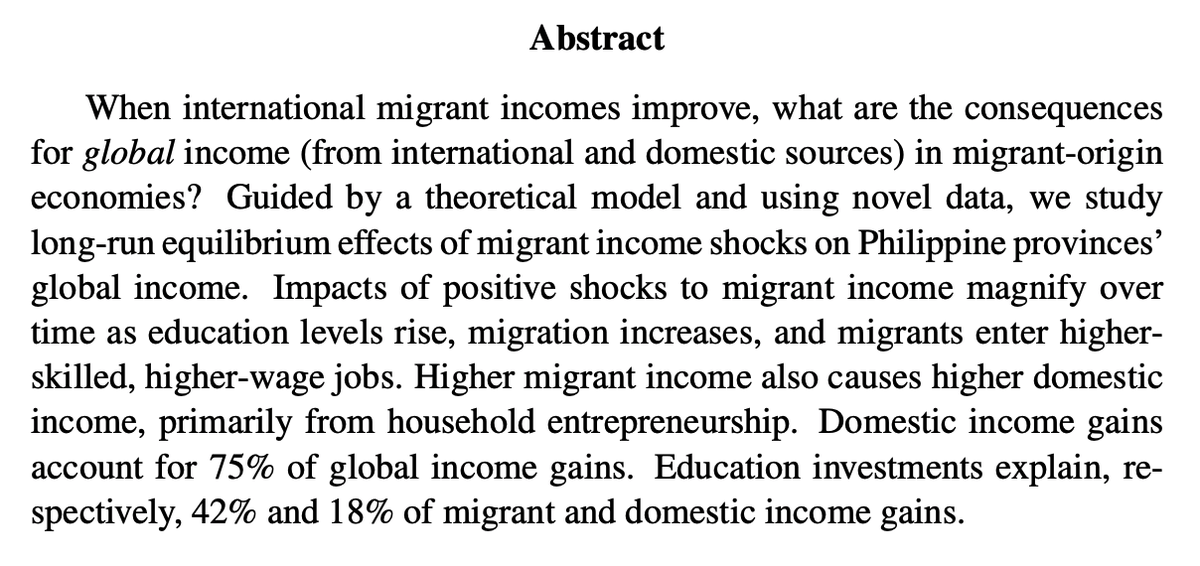 In 1997, parts of the Philippines suddenly got more remittances due to exchange-rate shocks.10yrs later their incomes were still much higher, mostly due to more domestic income (!): new business, more schooling.By  @econgaurav  @ctheoharides  @deanyang —>  https://www.amherst.edu/system/files/khanna-theoharides-yang-Nov2020-abundance-from-abroad.pdf