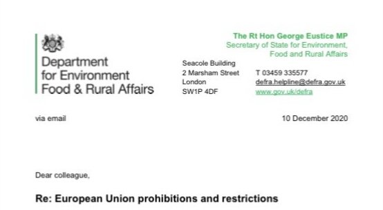 Spin back to 10th December 2020. Letter from George Eustace concerning European Union Prohibitions and Restrictions.
