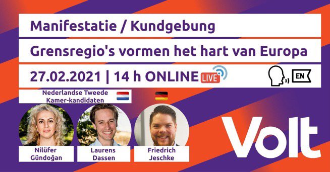 Zometeen, om 14:00, live te volgen: werken, wonen, openbaar vervoer en criminaliteit in grensregio

Het leven stopt niet bij de grens en politiek dus ook niet!

<a href="/DassenLaurens/">Laurens Dassen 👋</a> en @ngundogan77 spreken met @elfritzos (<a href="/VoltDeutschland/">Volt Deutschland</a>)

Kijk mee:
 voltnederland.org/grensregios
#Limburg