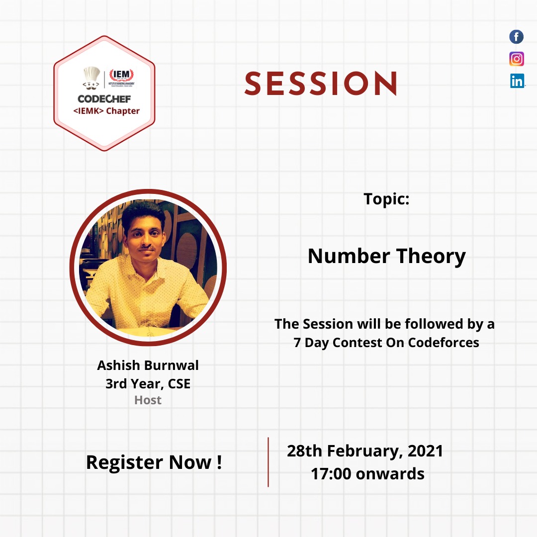 iem_cc's tweet photo. Hello folks!
Greetings from CODECHEF IEMK Chapter ! 

As you know Mathematics plays an important role in giving edge to competitive programming skills, we are here with a new session on Number theory.

Following things will be discussed in this session:

Session 1. https://t.co/0SH7EwhvYv