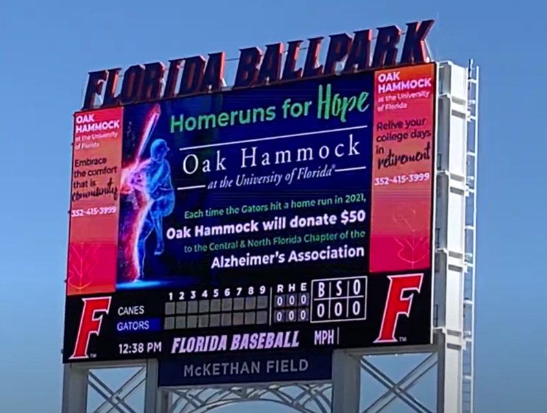 JPTULL's tweet photo. Jud went yard again last night for @GatorsBB The YTD #FloridaGators HR total is 6 & the #OakHammock #HomeRunsForHope campaign total =$300. Oak Hammock at @uf with donate $50 for each homer to the Central/North Florida Chapter of @alzassociation to help #endAlz @JeffCardozoUF πβΎοΈ https://t.co/Lb5P47YvOk