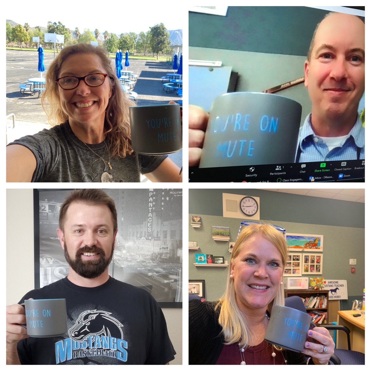 LCSMUSTANGS's tweet photo. Mustangs ~ Always making the best of any situation! 💙💙 (Thank you PTSA! We love our cups. 😊) #PVProud @PVSDCamarillo https://t.co/BYLcazkxGn