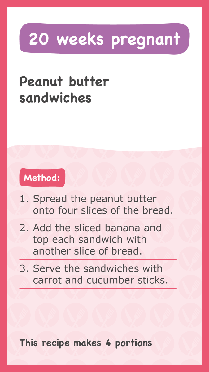 20 WEEKS 🤰 
 
Your baby is the size of a banana! 
 
Bananas are a quick way to get 1 of your #5ADay and a great choice for a healthier snack. They can also be eaten as part of a meal. 
 
These peanut butter sandwiches are a quick, easy and healthy lunch fix! #EatForYou