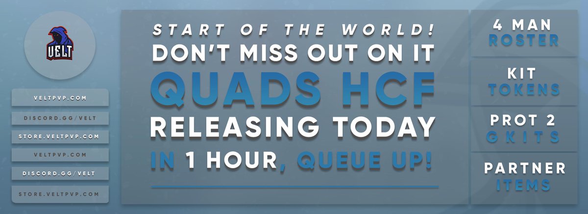 VeltPvP's tweet photo. VeltPvP | QuadsHCF 💥

★ Quads SOTW will begin in 1 Hour!

• Faction: 4 Man
• SOTW Timer: 2 Hours

★ Events:
• Key Alls @ 1:30PM, 2PM, 2:30PM, 2:55PM EST
• Tournament @ 4PM EST

More Info:
📰 https://t.co/dyCNDHGHFf

❤️, 🔄 and follow for a chance to win a Rank Upgrade! https://t.co/uRadyuzf84