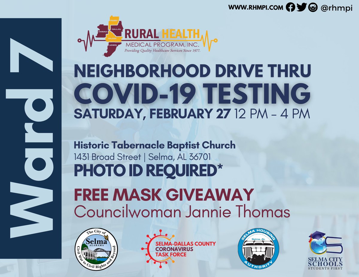 selmalinksinc's tweet photo. Come out today from 12-2 for Ward 7 COVID Testing at Historic Tabernacle Baptist Church. Councilwoman Jannie Thomas will have free mask giveaways. https://t.co/BL4Ch6cNR3