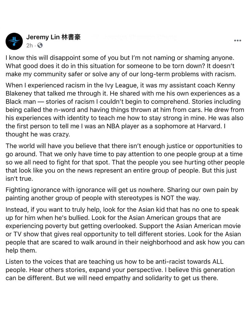 espn's tweet photo. "Fighting ignorance with ignorance will get us nowhere. Sharing our own pain by painting another group of people with stereotypes is NOT the way."

Jeremy Lin followed up as the G League looks into his statement on being called "coronavirus" during a game. #StopAsianHate https://t.co/bqKHJMJ8AC