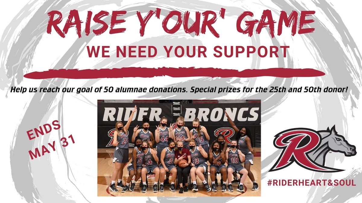 RiderWBB's tweet photo. π£π£Calling out to all WBB Alumnae! The Raise Your Game challenge runs until May 31st. We are at donation number 10 as of today. Help us not only win the challenge, but also to help continue to elevate the program. Thank you for your support! https://t.co/133zmtLHru #OnceABronc https://t.co/l2gMmtSPkY