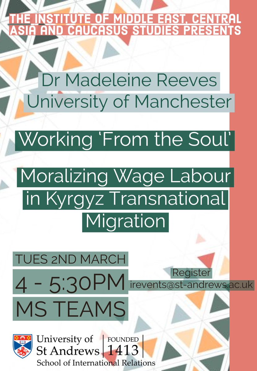 MecacsStA's tweet photo. Our next seminar will take place this Tuesday 4-5.30pm on Teams! Dr Madeleine Reeves @magdagul on Kyrgyz transnational migration- details below. #IRevents https://t.co/cN68QI6O5t
