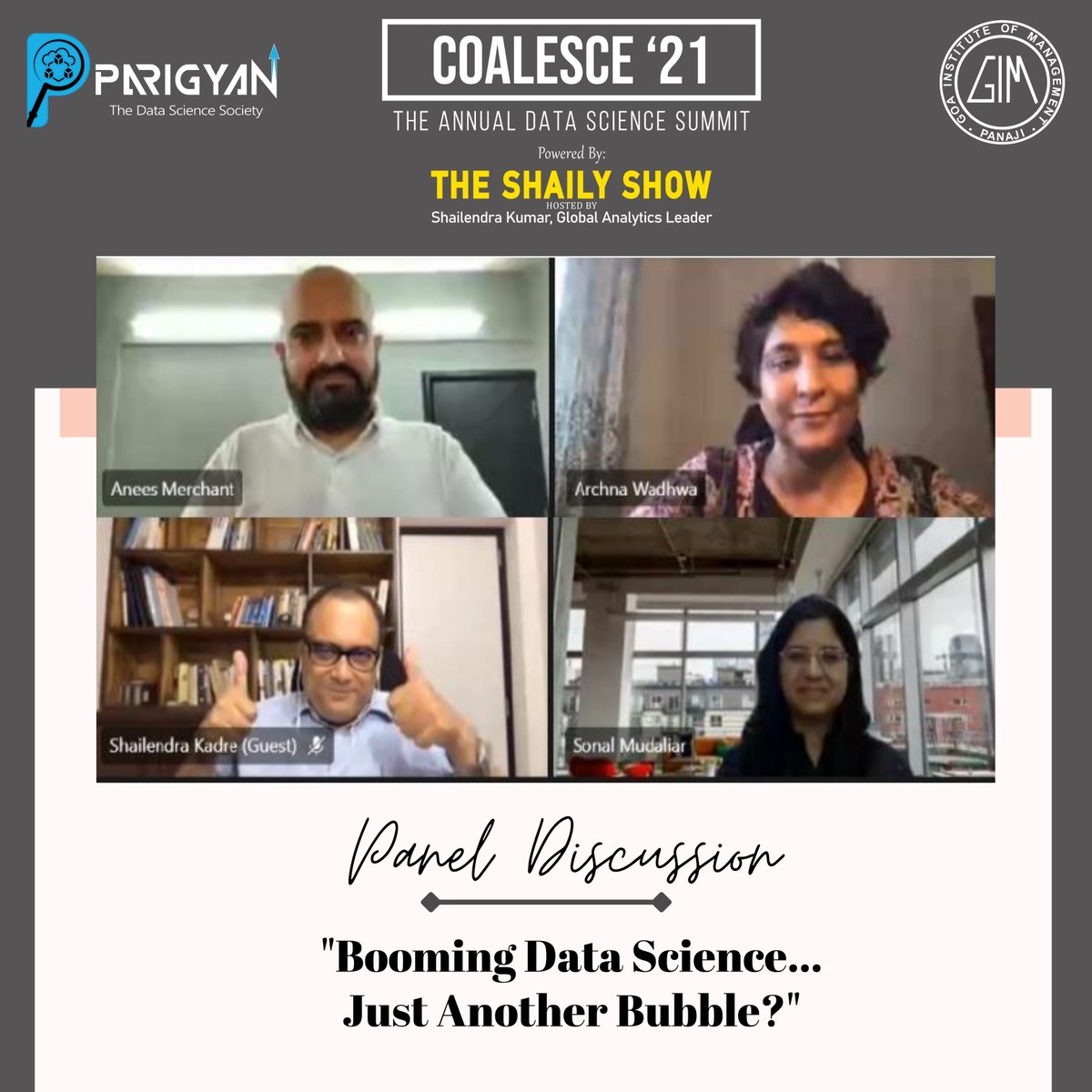 ParigyanG's tweet photo. Coalesce’21 powered by “The Shaily Show”(@meisshaily) hosted an enriching panel discussion with some of the esteemed panelists who shared their views on whether this Data Science Boom is just a Bubble.

We are grateful to all the speakers and students for actively participating. https://t.co/KR1N7w6W36