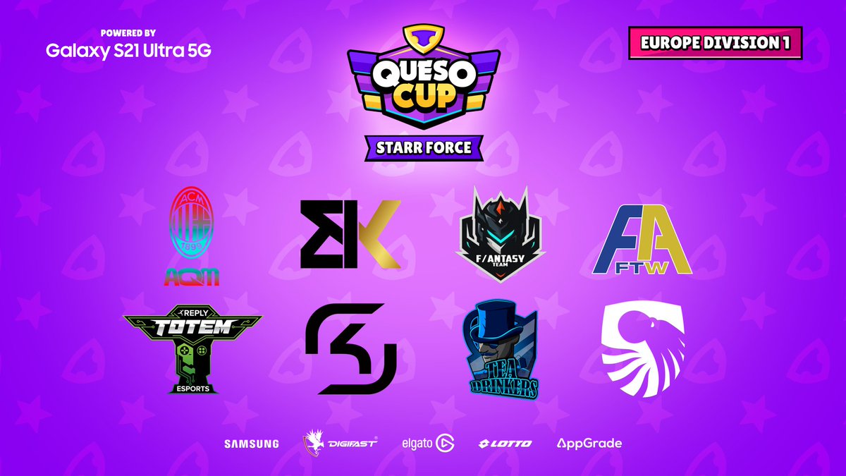 TeamQuesoGG's tweet photo. Este LUNES empieza la #QuesoCup Starr Force de @Brawl_esports powered by #GalaxyS21‼️

Estos son los equipos clasificados para la Primera División de Europa. 

¡Nos vemos el lunes a las 21h 🇪🇸! https://t.co/98nCpDvyiW