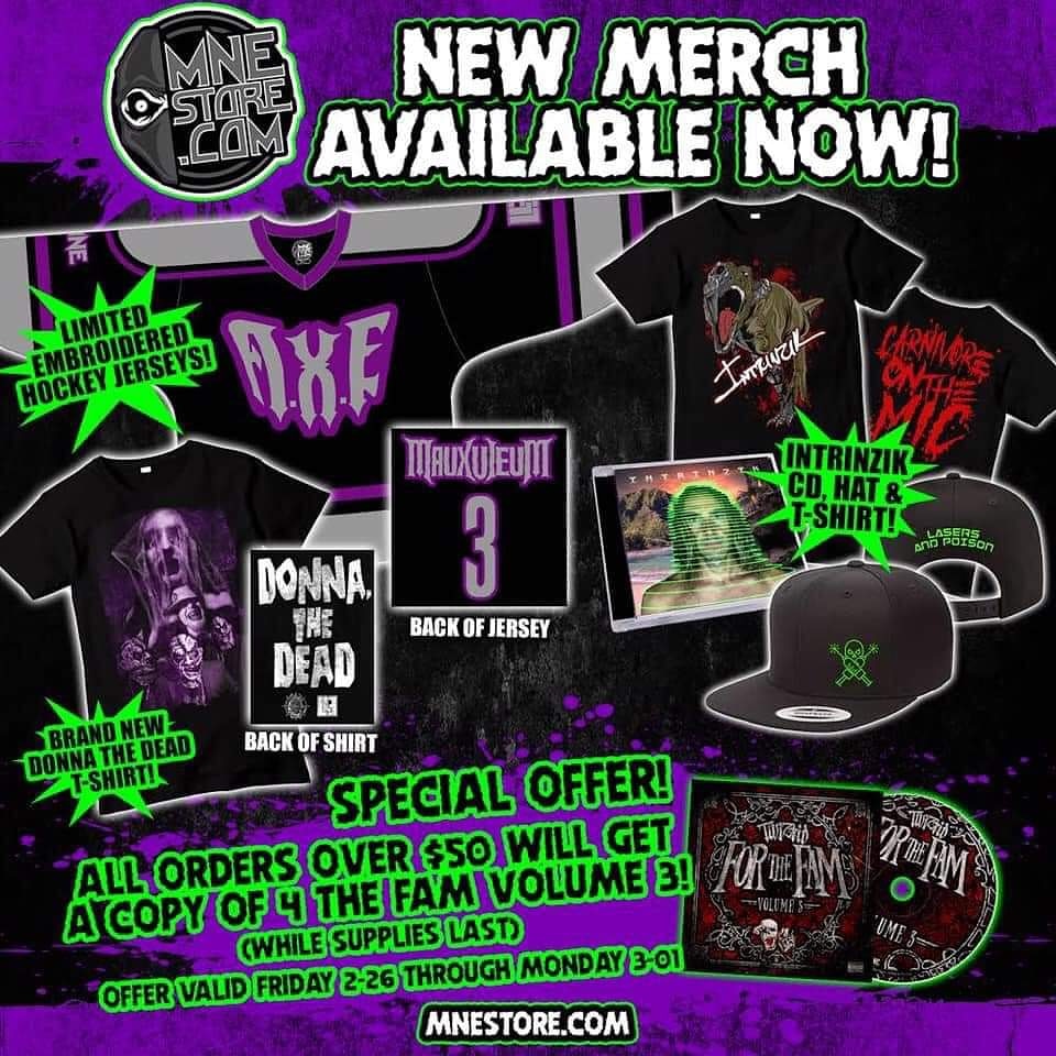 s0ultak3r89's tweet photo. #NewMerch available now! All orders 2/26-03/01 over $50 will receive a free copy of #4TheFam Vol. 3 cd @TwiztidShop. Go get you something!
#AllaXulElu #intrinzik #DonnaTheDead #monoxide #twiztidshop #Mauxuleum #lasersandpoison #MajikNinjaEntertainment #WelcomeToTheUnderground https://t.co/VdG5ViB8jn