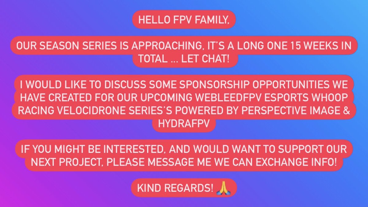 weBLEEDfpv's tweet photo. We are looking for Sponsors for our next event it’s called ... weBLEEDfpv eSports Whoop Racing Velocidrone Series’s POWERED by Perspective Image & HydraFPV #droneracing #whoopracing #eSports #SimRacing #drones #whooplife #fpvlife #whoopism #Racing #velocidrone #weBLEED🩸#sendit https://t.co/rD90I6iPKF