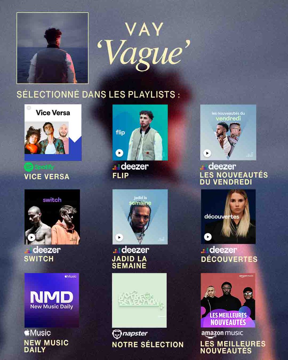 Merci à Deezer, Spotify, Apple Music, Napster et Amazon Music France pour les entrées en playlist !! 
Pour écouter mon premier single Vague : vaymusic.lnk.to/Vague
Et (re)voir mon clip : youtu.be/8EZWi_MnWQ8