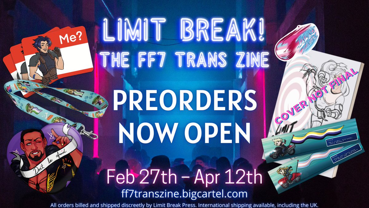 ff7transzine's tweet photo. Preorders for Limit BREAK! The SFW FF7 Trans Zine are now OPEN! Orders close on April 12, 2021. Below are a list of our bundles. Our limited quantity bundle includes a full size throw pillow!

All proceeds to benefit @TransLawCenter

Shop Link:
https://t.co/uXpJ75SVHU https://t.co/hft5cNtABH