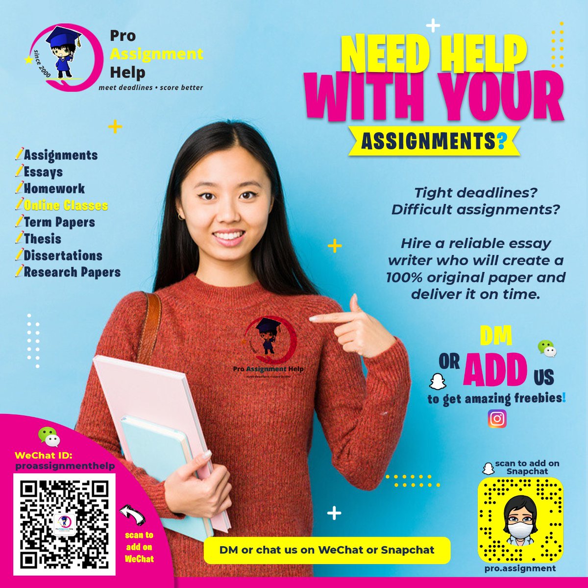 ProAssignmentH1's tweet image. Maybe you're up late struggling to revise or write an essay. Perhaps your worried you won't pass an exam. No matter the day or time, an academic professional is available 24/7 to help you score better and meet your deadlines!