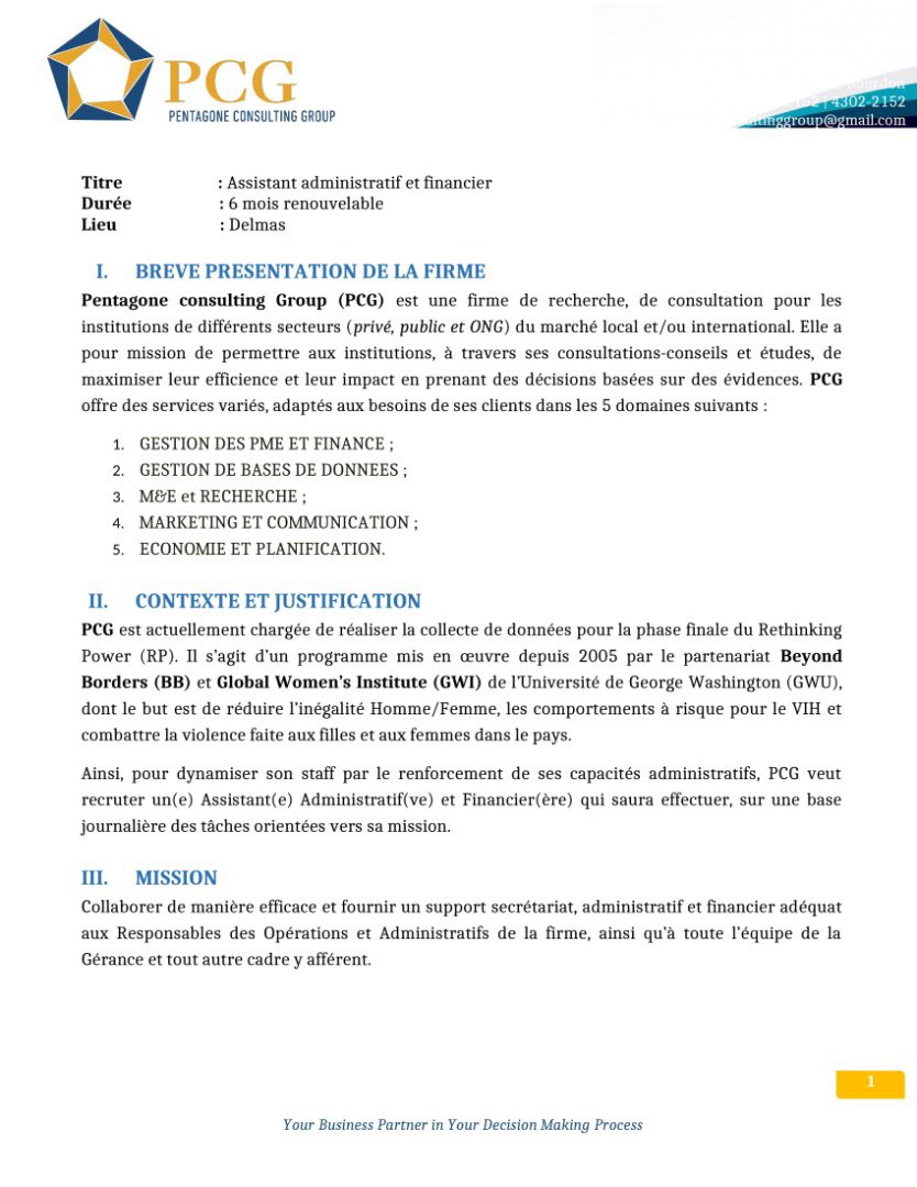 PentagoneCG's tweet photo. Pentagone Consulting Group (PCG) recrute un Assistant Administratif et Financier.
Les https://t.co/pqVMsQZ2F2 peuvent envoyer leurs dossiers de candidature au:
recrutement@pentagonecg.com

Date limite: 15 mars 2021 https://t.co/yOttgoxeQO