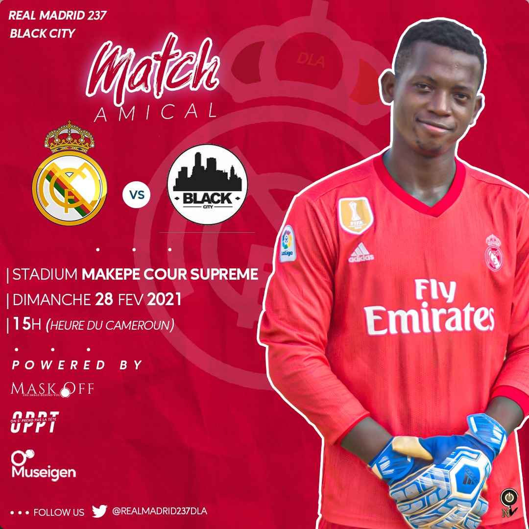 RMA237douala's tweet photo. ⚠️🙌 INFO MATCH! 🙌⚠️
@RMA237douala 🆚 #BlackCity

📅 28 Fev 2021
🏆 #Exhibition 
🏟 Stade Cour suprême Makepe
⏰ 15:00
#⃣ #HalaMadrid237Douala

Notre histoire continue... Croyons au projet! Croyons au goalkeeper du projet 

Visuel Art by @RoniSurhomme https://t.co/VF9EsjZY2y