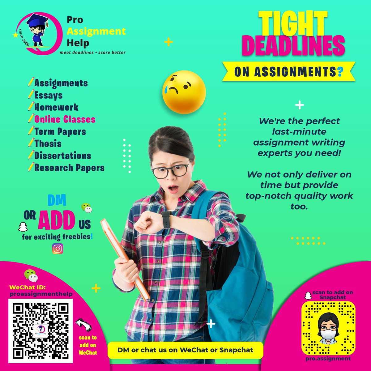 ProAssignmentH1's tweet image. Feel like there's no way you'll beat that deadline? We can meet a deadline as short as 3 hours. 
Let our professional academic writers, researchers, proof-readers or statisticians help you meet deadlines and score better.

Dm us here on Snapchat or WeChat to get amazing offers!