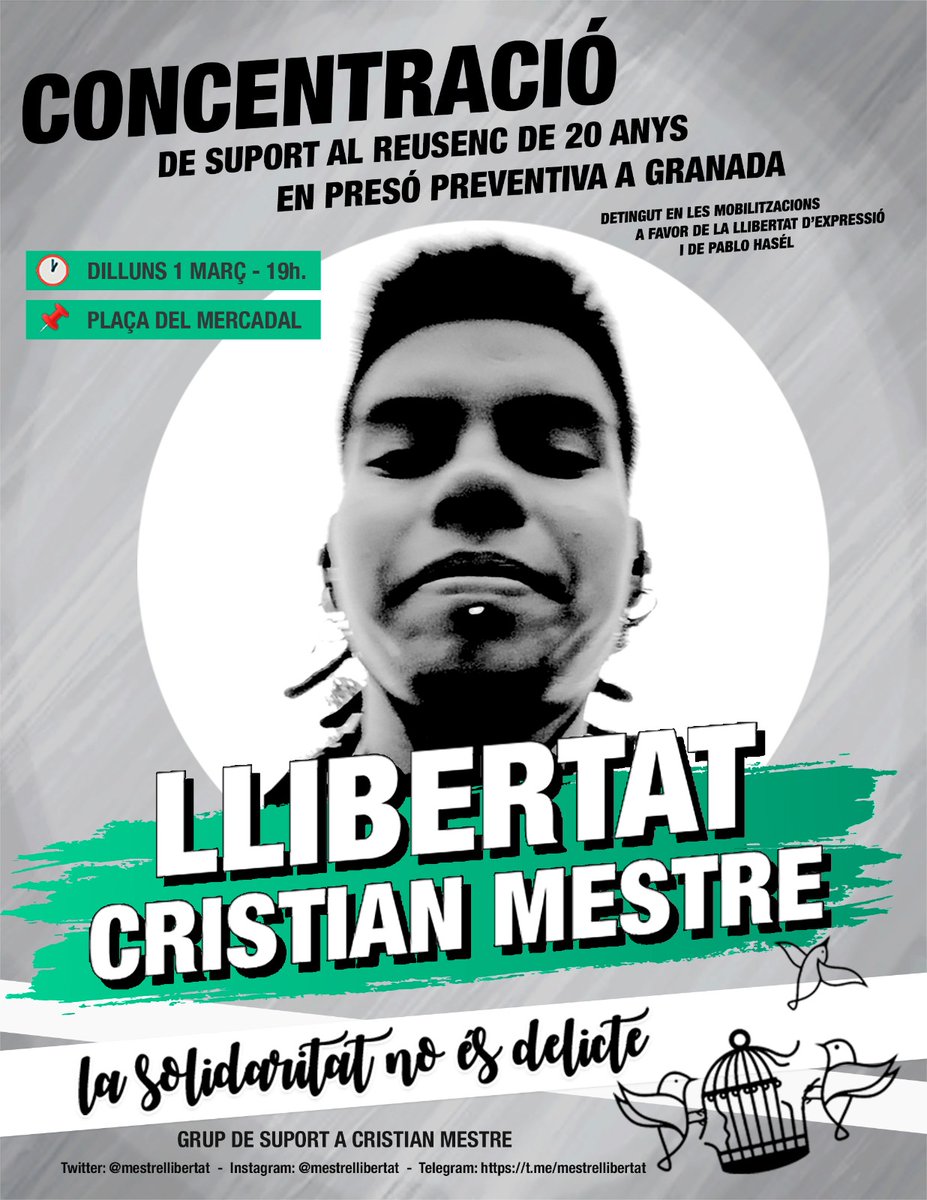 mestrellibertat's tweet photo. El dilluns ens veiem a Reus en suport del Mestre
Pl. Mercadal, 19:00h
I recordeu que avui ens veiem a Tarragona, a la plaça de la font a les 19:00h! https://t.co/64k6qnglWF