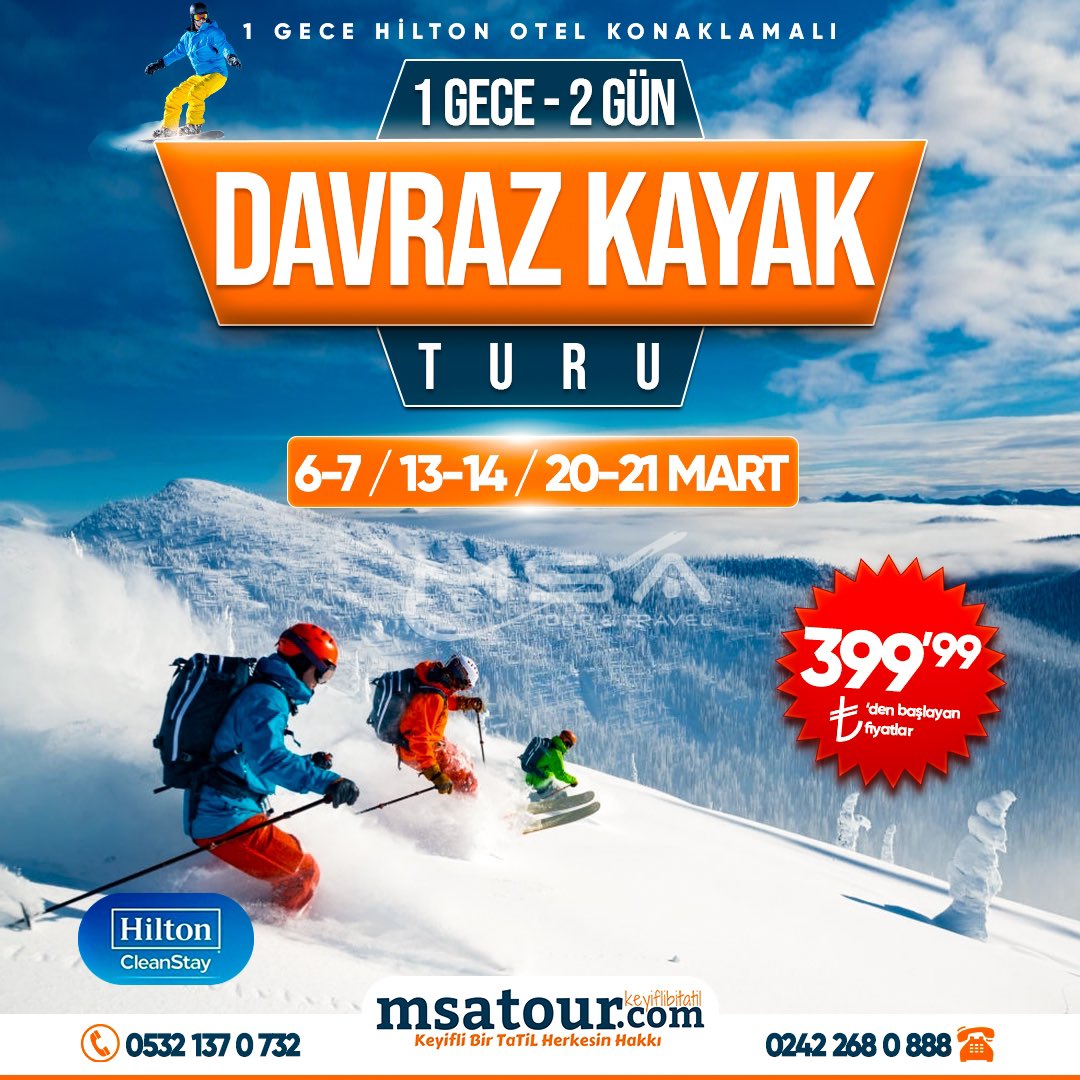 1 gece Hilton Otel konaklamalı Davraz Kayak Merkezi Turu

*** SEZON BOYUNCA HER HAFTA SONU ***

#KeyifliBirTatilHerkesinHakkı