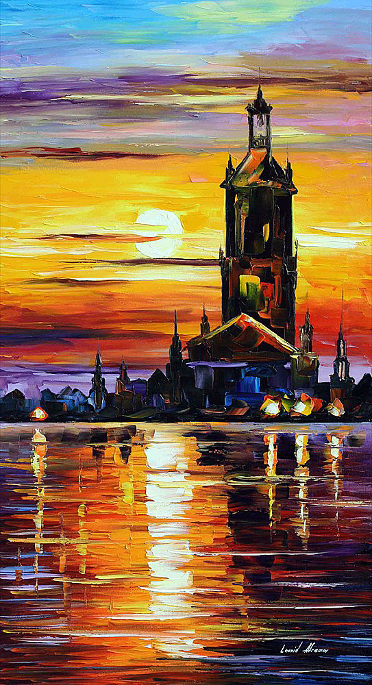 OLD HARBOR TOWER — PALETTE KNIFE Oil Painting On Canvas By Leonid Afremov afremov.com/old-harbor-tow…