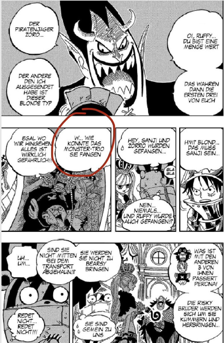 Canbvy's tweet photo. @OPTheoretiker das „Monster Trio“ war eigentlich nicht direkt Fanmade, es gibt mehrere chapter wo Sanji Zoro und Luffy die Monster der Strohhut Bande genannt werden. Zb von Nami bei chapter 455 oder von Caribou von Chapter 606 https://t.co/PvuLgqgvyM