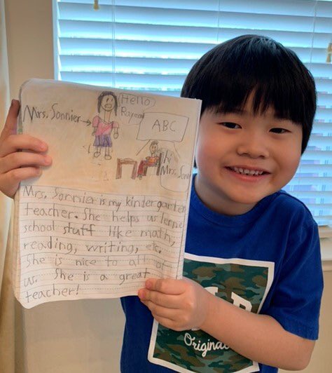 LisaSonnier3's tweet photo. This precious boy wrote a story about me! He was so excited to share it. Love my kindergarten authors! ❤️✏️ @HumbleISD_MBE #mbeisfamilu #mbe2020 #LightTheWay https://t.co/dvVkAgAsoE