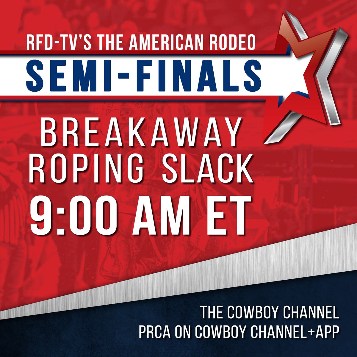 TheAmericanTR's tweet photo. *REMINDER*
The Breakaway Roping starts an hour earlier today, at 9:00 AM ET.
Watch it live on The Cowboy Channel or PRCA on Cowboy Channel+ app βΒ where you can also catch any action you missed anytime on demand!
#TheAmericanRodeo #TheCowboyChannel #CowboyChannelPlus https://t.co/Jtme8piaZF