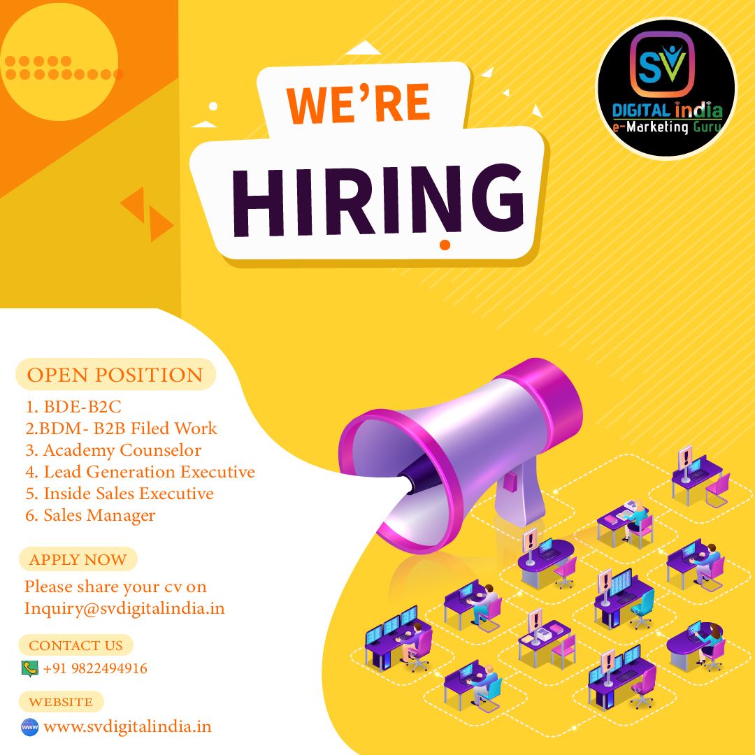 GroupRtcs's tweet photo. W R Hiring 
SV Digital India looking SMART Brain for Chandan Nagar Location:-
1. BDE-B2C
2.BDM- B2B Filed Work 
3. Academy Counselor 
4. Lead Generation Executive 
5. Inside Sales Executive 
6. Sales Manager 
Please share your cv on Inquiry@svdigitalindia.in https://t.co/yBJ62uYvQ2