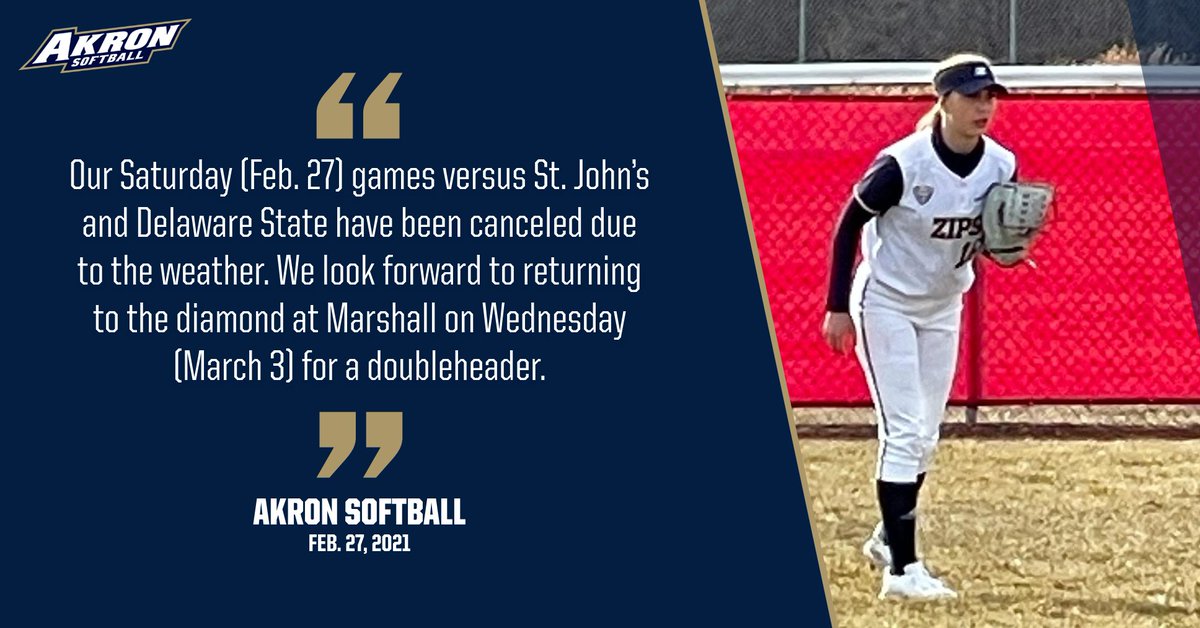 Weather has forced the cancelation of our games today versus St. John's and Delaware State. Looking forward to returning to the diamond next week.

#ZipsRiseTogether | <a href="/ZipsSB/">Akron Zips Softball</a>