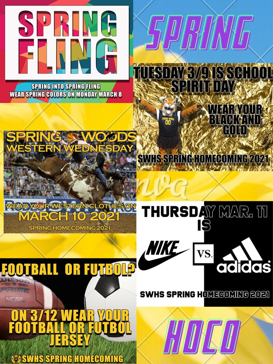 SpringWoodsHigh's tweet photo. Spring HOCO is next week Tigers!  Get your outfits ready for a fun dress up week to celebrate our Spring Athletes!  #allmeanall #SpringHOCO2021 https://t.co/tqg6hZAbWm