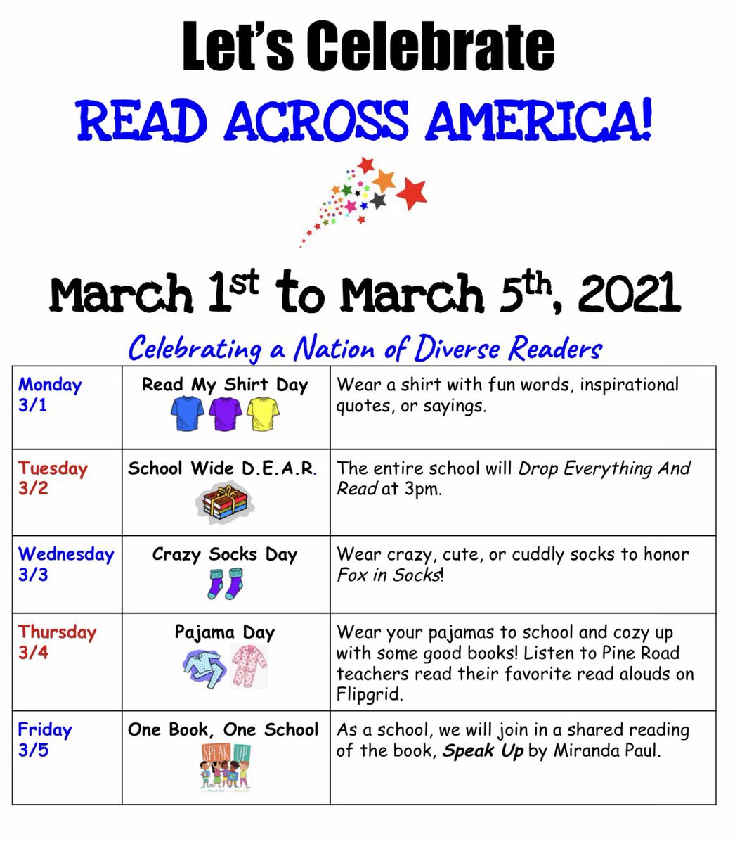 CVeneziale55's tweet photo. We are looking forward to Read Across America Week 2021 at Pine Road! 🎉💙🎈📖❤️@LMTSD_PRES @ontheshelf4kids https://t.co/uPTKYMfH0p
