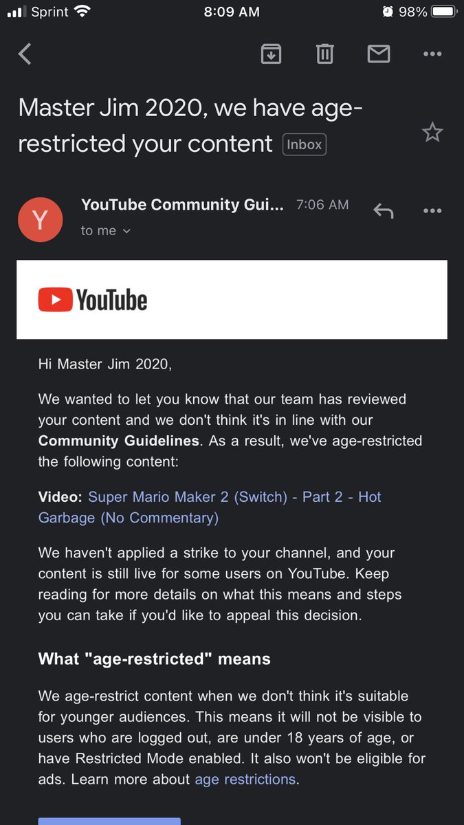 2020_jim's tweet photo. ENGLISH: Does everyone keep getting an email from YouTube like this one, every time they upload a video for #SuperMarioMaker2? I don’t understand how or why it’s age restricted.
#MasterJim2020 #YouTube #YouTubeGaming https://t.co/yPBLEKFeit