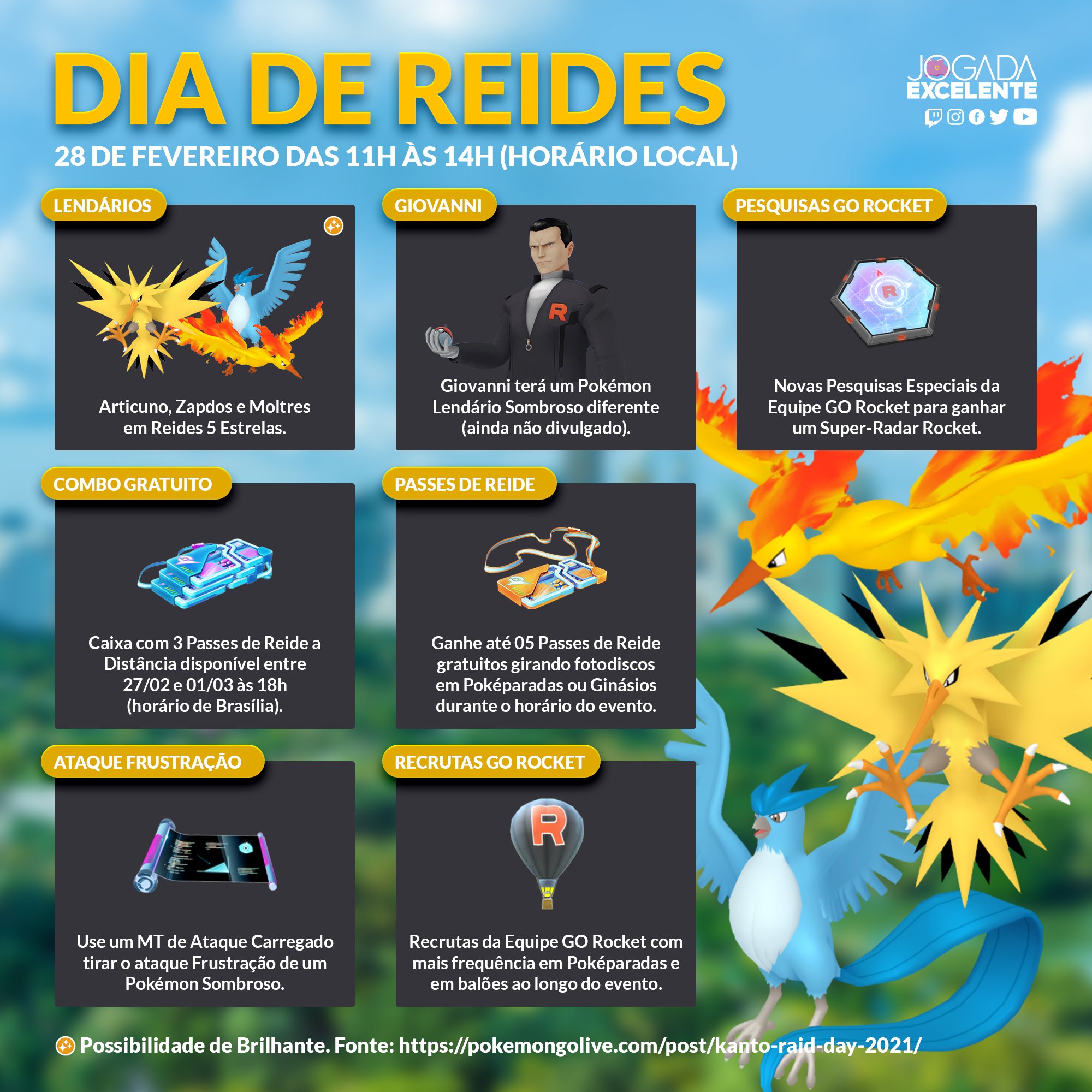 Jogada Excelente on X: Amanhã acontece o evento de Dia de Reides com as  Aves Lendárias de Kanto. Confira todas informações abaixo e participe! ⠀  Data: 28/02 das 11h às 14h (horário