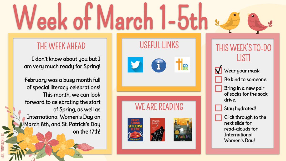 amusebook's tweet photo. It's the first week of March and I know Spring is very much on our minds! The virtual learning commons @StGregoryHCDSB has been refreshed with a fun, new colourful slide template from @SlidesManiaSM! https://t.co/NoCtpwWxPe
#StGregoryReads #Spring #InternationalWomensDay https://t.co/F43jzu8Frx