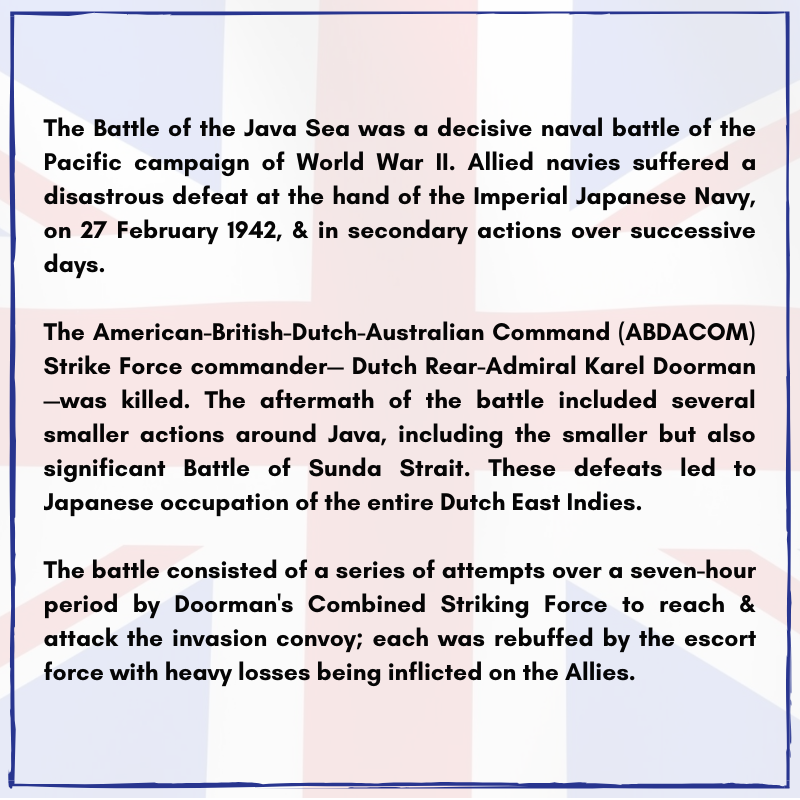 BritishHistorym's tweet photo. #otd 27 February 1942 – World War II: During the Battle of the Java Sea, an Allied strike force is defeated by a Japanese task force in the Java Sea in the Dutch East Indies.

#BattleofJavaSea #WWII #Secondworldwar #HMSExeter #royalnavy https://t.co/fefBSA4GtX