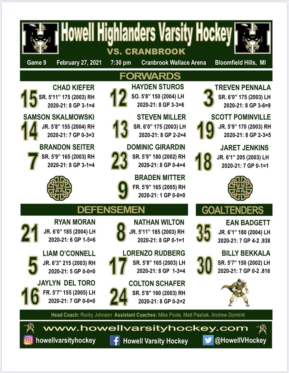 HowellVHockey's tweet photo. GAME DAY. Highlander lineup for tonight’s matchup vs Cranbrook. #CommitmentToProcess https://t.co/eN8FQk9kCR