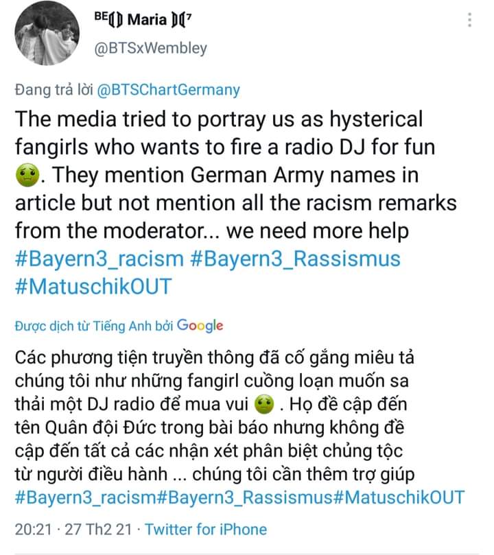 Trend hagstag cho đến khi nào có được công bằng thì thôi
#Bayern3_racism
#MatuschikOUT
#Bayern3_Rassismus
#MatuschikHasToLeave 
#APOLOGIZE_TO_BTS