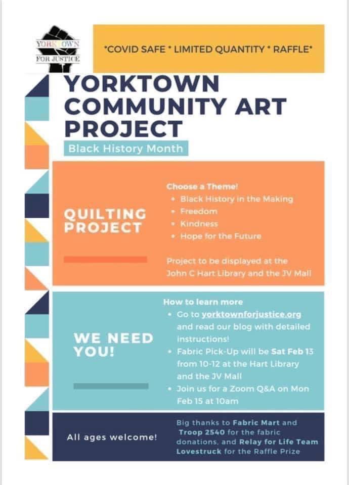 ForYorktown's tweet photo. Drop off your completed quilt square today! 10-12 at the JV Mall (top of escalator) or John C. Hart Memorial Library (front porch). If you can’t make it, email yorktownforjustice@gmail.com https://t.co/02Ni9cwGS1