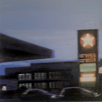 Dusk 2. 2018 <a href="/KateShermanArt/">Kate Sherman</a> Oil on panel. Peripheral environments &amp; transitional states - coastal communities, residential outposts, twilight &amp; journeys - are some of the artist's recurring themes: here the repeated momentum of evening travel becomes subliminal &amp; dreamlike. #art