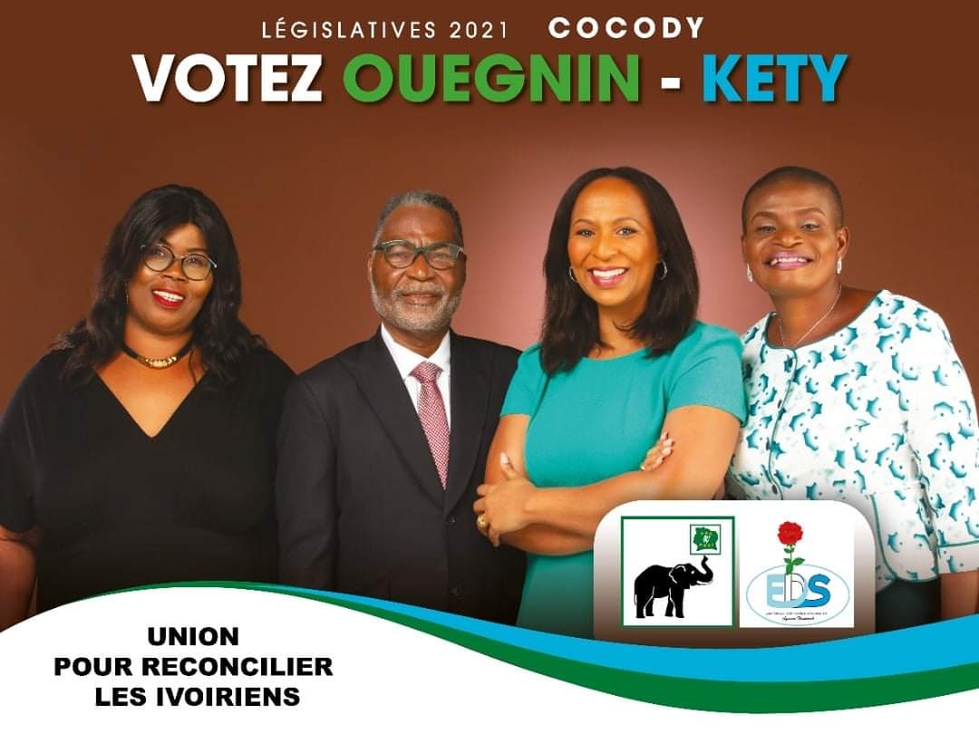 Liste PDCI-RDA/EDS, 'Union pour Réconcilier les #Ivoiriens'. Pour EDS, ce sont Lansiné Soumahoro KETY avec pour suppléante Mireille NIANGO et bien sûr du côté du PDCI RDA c'est @yasminaouegnin députée sortante, avec pour suppléante Chantal BROU. Ici c'est vraiment #Cocody !!