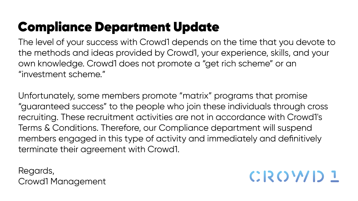 c1_no1's tweet photo. A message from the Crowd1 Compliance Department, note that some terminations may occur this weekend. You will be notified on the C1 site as well as by email if you are affected by this. https://t.co/EUWhR5Dt9j