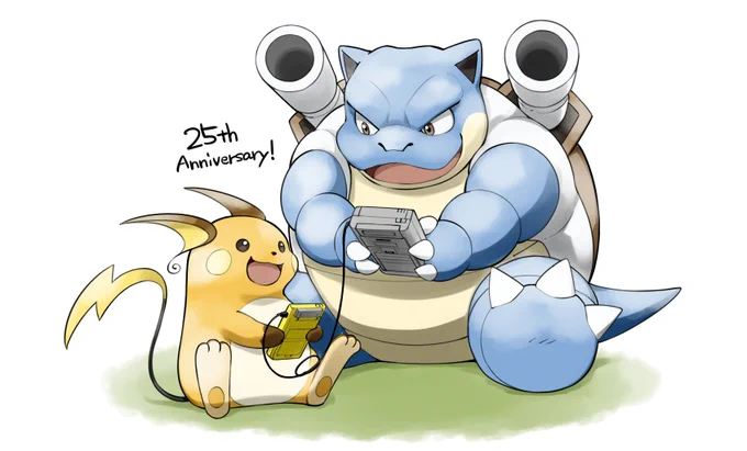 ポケモン25周年という事で昔好きだったカメックスとライチュウを昔のポケモンっぽい塗りで描いてみました。通信ケーブルが懐かしい。#ポケモン 