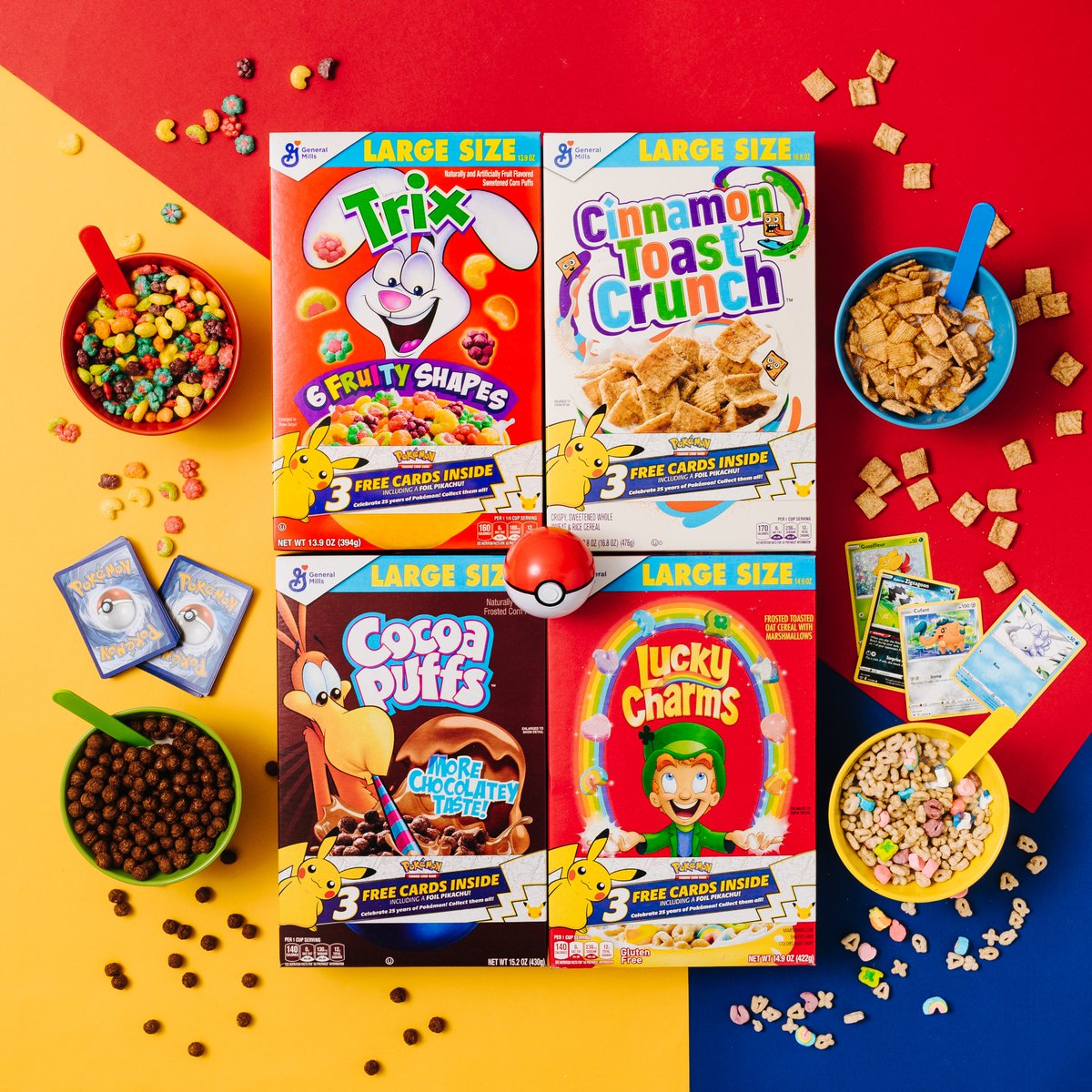 We’re celebrating 25 years of <a href="/Pokemon/">Pokémon</a>! Specially marked boxes of General Mills cereal include 3 free cards inside. Can you catch ’em all? #PokemonDay #Pokemon25