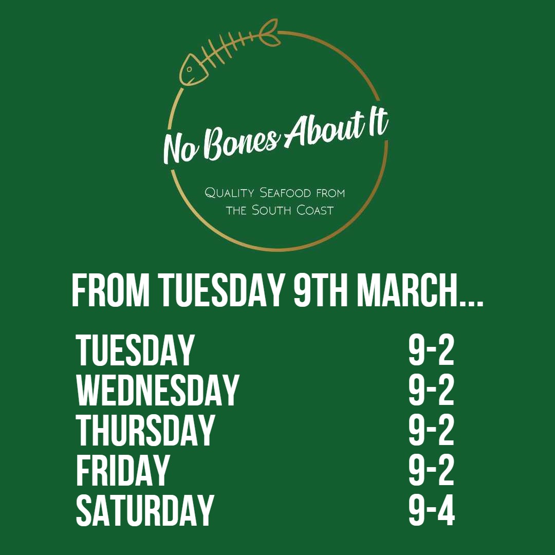 🦞 EXCITING NEWS! 🦞
As of Tuesday 9th of March, No Bones About It, our extremely popular Fishmongers will be going FULL TIME here at Holwood Farm!! 
Above are the new opening hours from Tuesday the 9th 🐟  #supportsmallbusiness