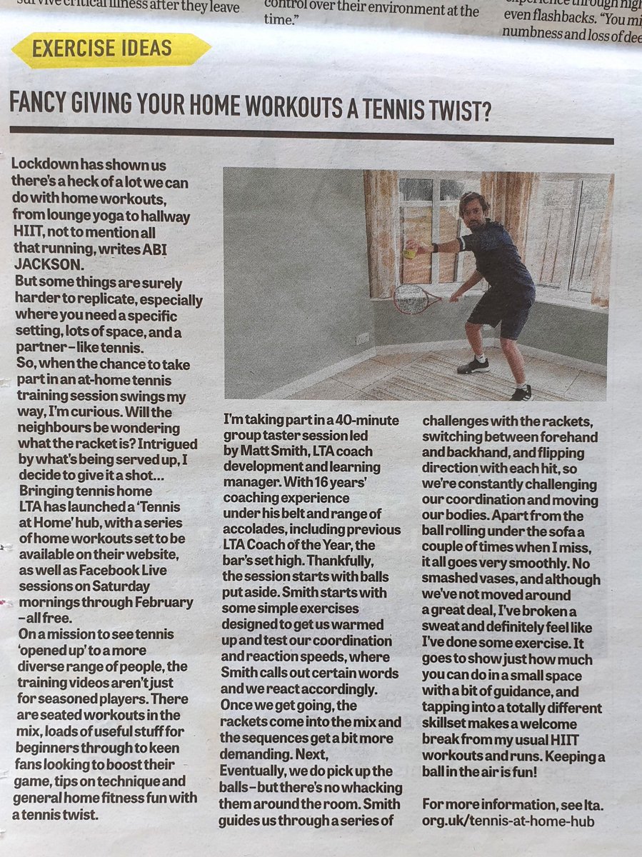 msmithtennis's tweet photo. Great write up on the Tennis At Home sessions in the regional papers ✍🎾🙌🏼. Thank you to all who joined in 👊🏼❤. If you missed it, you can watch them all back... Link in bio ☝🏼 #TennisAtHome #PlayYourWay #LockdownActivityList #MyCourt @the_LTA @educationgovuk @worldtennis https://t.co/x4naBq0J2n